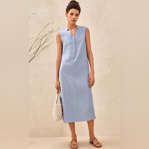 Lintico Dresses & Skirts - Lintico linen dress Taylor sleeveless pockets midi length blue button placket XL